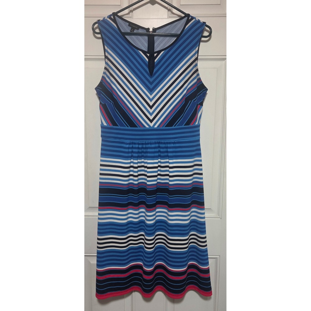 Talbots Blue Striped Sleeveless Fit and Flare V-Neck Jersey Dress Womens Medium